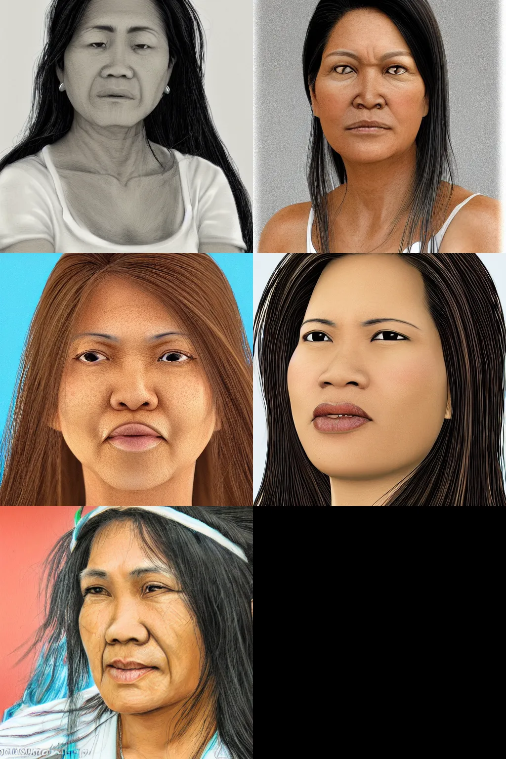 Prompt: A photorealistic image of a Filipino Portuguese Hawaiian, mid-age woman with long hair; detailed, realistic facial features, realistic