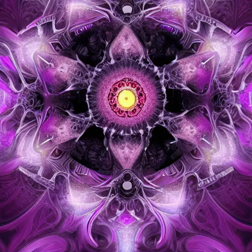 Image similar to a beautiful and detailed illustration of a black lotus with fractal fibonaucci sequence of glowing purple petals, in the style of magic the gathering, highly detailed, digital painting, god rays, volumetric lighting, octane render, 4 k resolution, art by artgerm and greg rutkowski and alphonse mucha, masterpiece, in a luminist baroque style