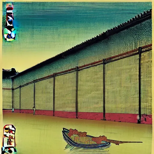 Image similar to a chinese prison near a river by peter doig and ukiyo - e, muted colors