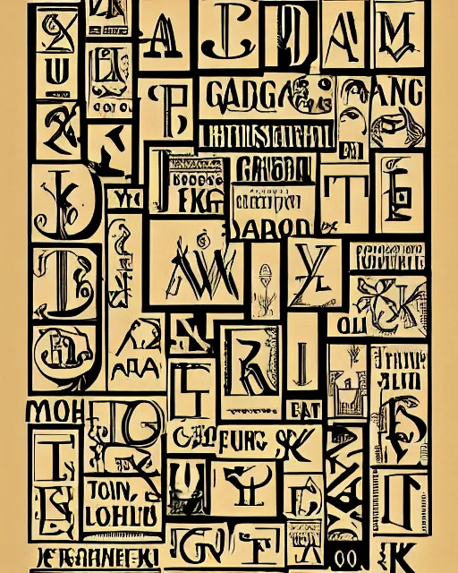Prompt: type specimen alphabet, gothic sans-serif font alphabet