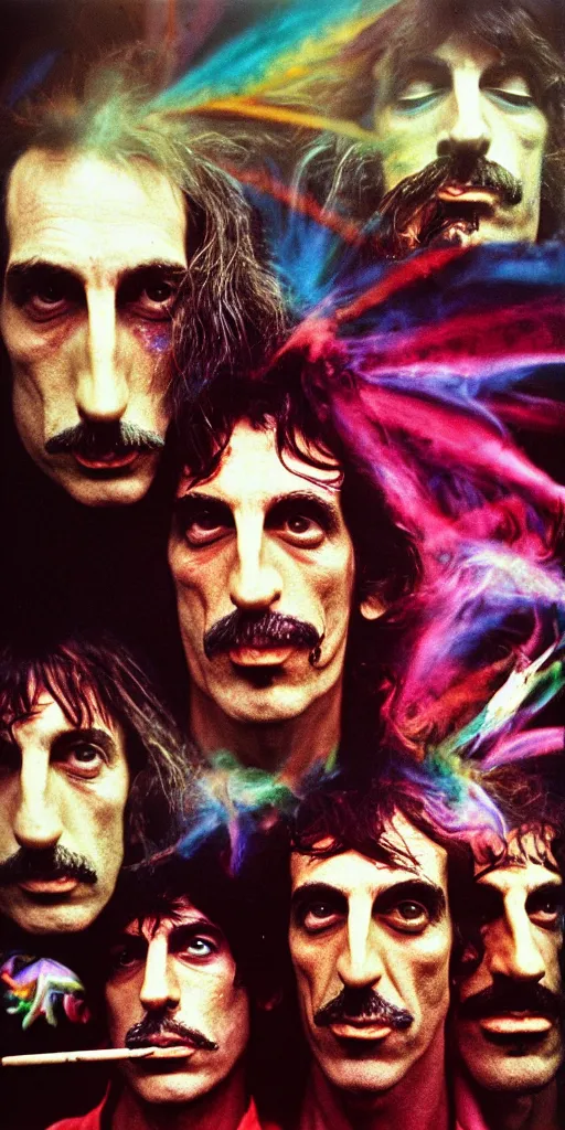 Image similar to award winning photo of pink floyd and frank zappa tripping on lsd and smoking weed, vivid colors, happy, symmetrical face, beautiful eyes, studio lighting, wide shot art by Sally Mann & Arnold Newman