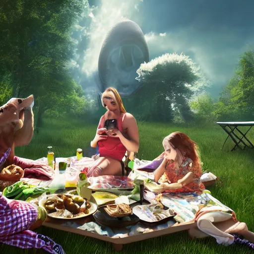 Image similar to having a picnic with my alien family, trending on artstation, stock photo, 4 k photorealism, 4 k quality