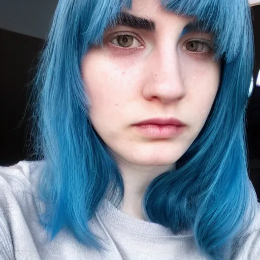 Image similar to a pale girl with blue hair, sideswept bangs, soft facial features, looking directly at the camera, neutral expression, instagram picture