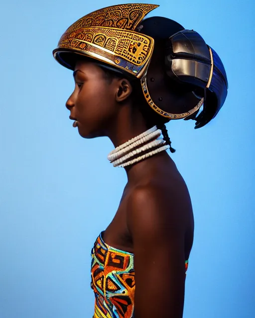 Prompt: centered medium shot fine studio photograph of a beautiful black girl wearing only a mecha Maasai helmet with bright lights, ultra-realistic, white background, 8k HDR sunset lit, intricate