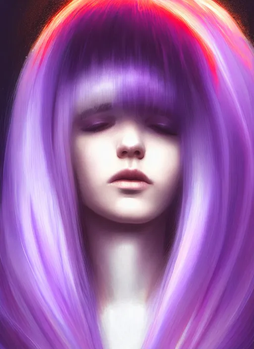 Image similar to hair whitebangs hair, black hair, whitebangs, portrait of teenage girl with white bangs, red irises, purple clothes, white bangs, bangs are different color from hair, intricate, elegant, glowing lights, highly detailed, digital painting, artstation, concept art, smooth, sharp focus, illustration, art by wlop, mars ravelo and greg rutkowski