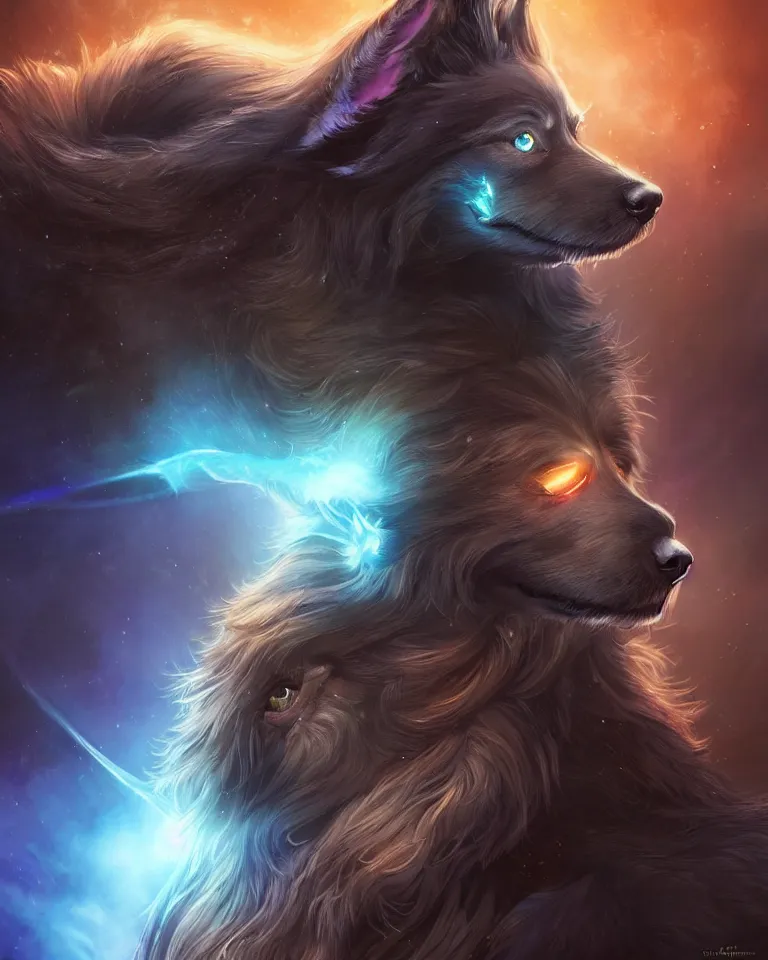 Image similar to beautiful cinematic fantasy poster, cartoon dog. beautiful glowing galaxy eyes, hybrid from The Elden Ring and art direction by Darius Zawadzki ;by artgerm; wayne reynolds art station; cinematic quality character render; low angle; ultra high quality model; production quality cinema model