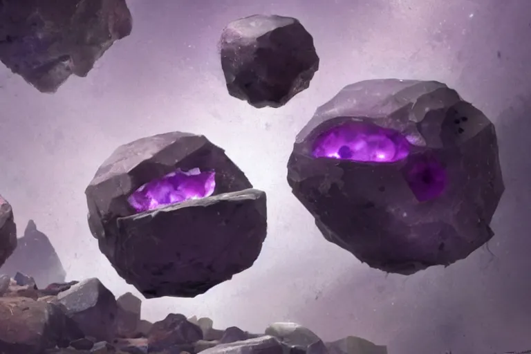 Image similar to close-up of three tiny magical purple stones, fragmented, debris floating in mid air, stones connected by magical energy, white background, concept art in style of Greg Rutkowski, painted by Frank Frazetta, trending on artstation