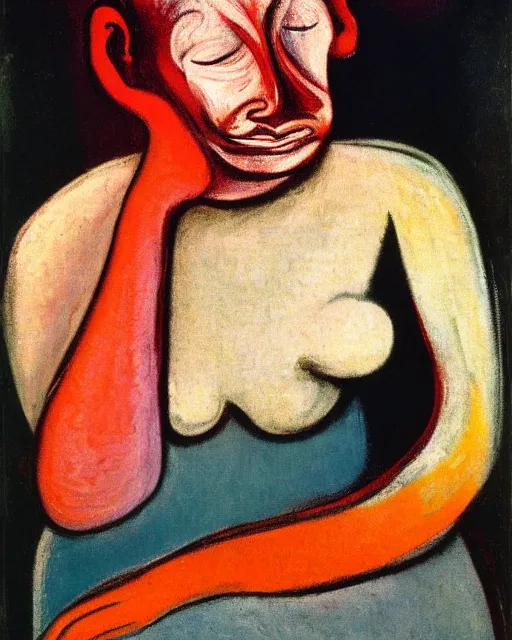 Prompt: A seated figure grasping their face in sadness in the style of Francis Bacon, tormented figure by Edvard Munch, an oil painting by Francis Bacon and Picasso