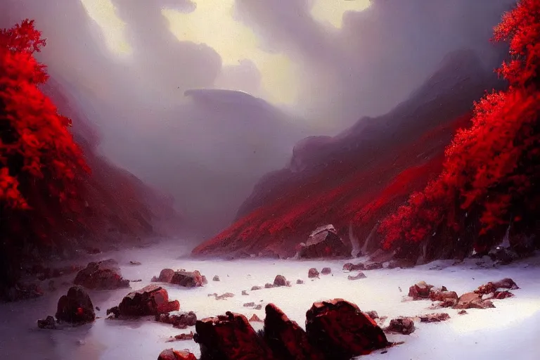 Prompt: a beautiful oil painting of a rocky valley covered in snow, trees with red leaves, thunderstorm in the sky, blue lighting, gloomy, atmospheric lighting, detailed, by greg rutkowski, trending on artstation