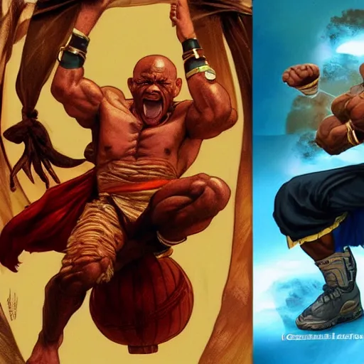 Image similar to tiny lister as dhalsim street fighter, jump kick, 4 k, ultra realistic, detailed focused art by artgerm and greg rutkowski and alphonse mucha