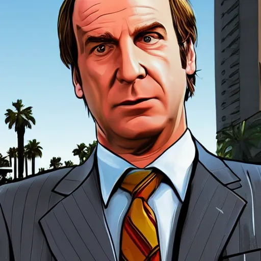 Image similar to Saul Goodman in GTA V . Los Santos in the background, palm trees. In the art style of Stephen Bliss.