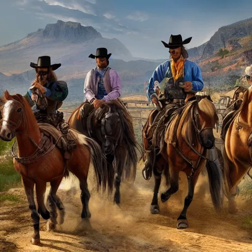 Prompt: A group of bandits riding horseback following a train for a heist, wild west, hyper realistic, super detailed, 4k, HDR