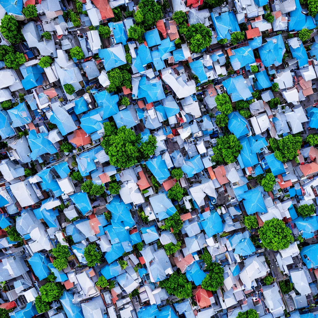 Image similar to bird's eye view of blue rooftop with clean streets, 4k