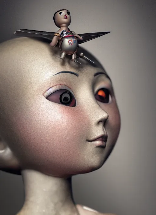 Image similar to closeup profile portrait of tin toy girl joan of arc, bikini, depth of field, zeiss lens, detailed, symmetrical, centered, fashion photoshoot, by nicoletta ceccoli, mark ryden, lostfish, breathtaking, 8 k resolution, extremely detailed, beautiful, establishing shot, artistic, hyperrealistic, octane render