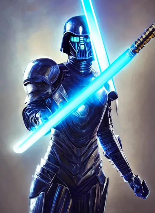 Image similar to blue thrasher shark human hybrid in knight armor, holding a lightsaber, fantasy, wonderful masterpiece highly detailed, scifi, beautiful cinematic light deep focus, elegant, digital painting, smooth, sharp focus, golden ratio, dramatic illumination, ultra realistic, 8 k, art by ilya kuvshinov, artgerm, alphonse mucha, and greg rutkowski