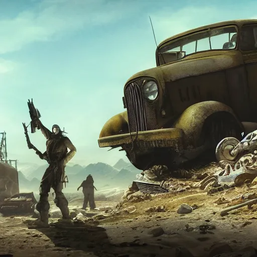 Prompt: pc game cover with a broken down car in wasteland fallout style with a mutant standing in front of in. artstation trending 4 k award winning