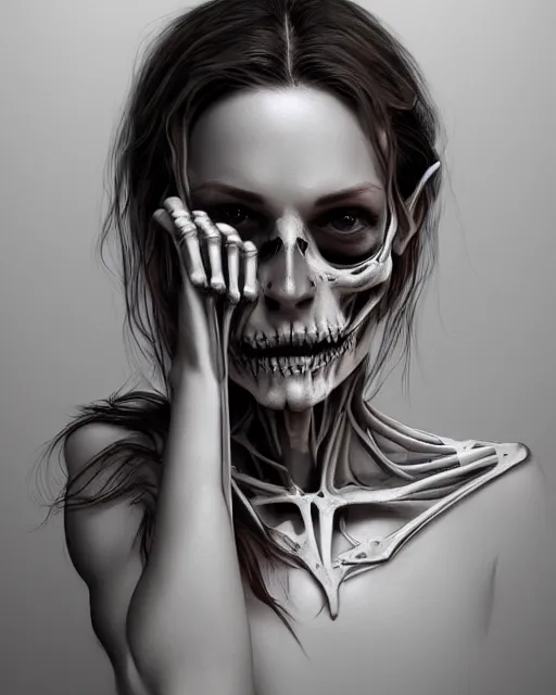 Prompt: Portrait of a woman with a skeletal hand on her face, digital art by DZO Oliver and Alex Nino and Randy Ortiz, intricate, elegant, highly detailed, digital painting, artstation, concept art, smooth, sharp focus, illustration