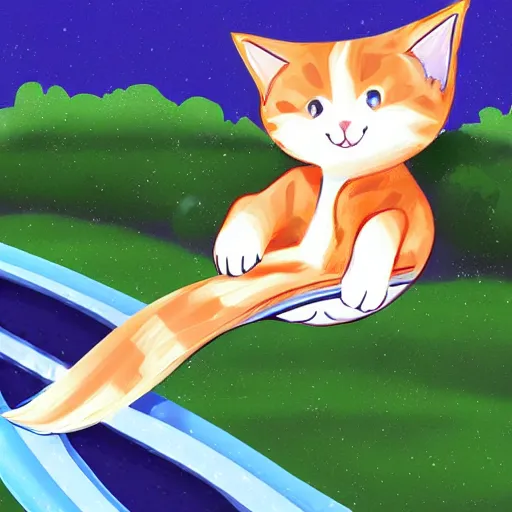 Prompt: a cute cat sliding down a water slide, digital art by Kawacy