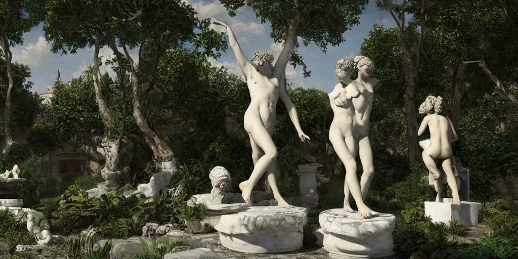 Image similar to Garden Utopia, surrealism, outside, Greek marble statues, earthly pleasures, intricate artwork by caravaggio. Trending on artstation, octane render, cinematic lighting from the right, hyper realism, octane render, 8k, depth of field, 3D