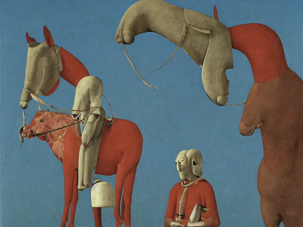 Image similar to Horse with African Guro mask. Giant conch shell. Painting by Alex Colville, Piero della Francesca