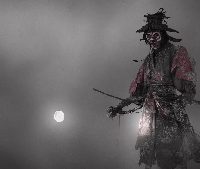 Image similar to a samurai haunted by ghosts full moon on background , gloomy and foggy atmosphere, octane render, artstation trending, horror scene, highly detailded