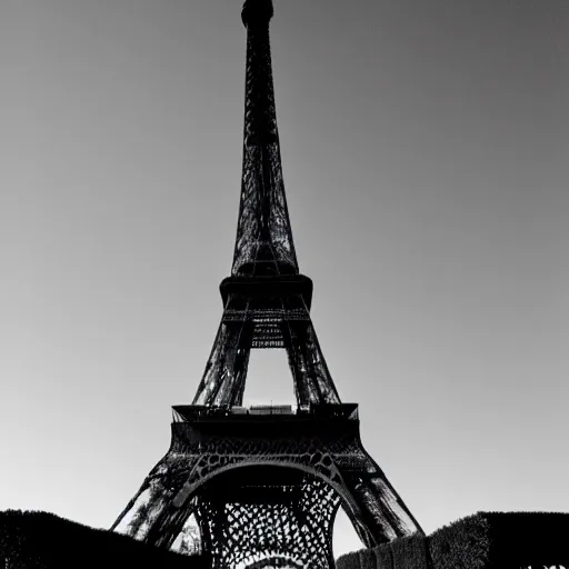 Image similar to a grainy black and white photograph of a rabbit posing in front of the eiffel tower