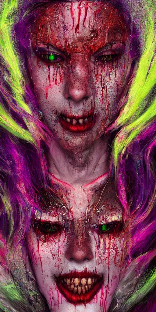 Image similar to Portrait of an impossibly beautiful vampire with large vampire fangs, single face, full body, intricate complexity, horror, psychedelic glitch art, rainbow drip paint, trending on art station, photoreal, 8k, octane render