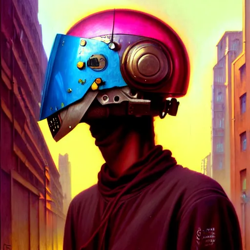 Prompt: vibrant portrait of masked diesel punk helmet on the art deco streets of the big city, artstation, award - winning realistic sci - fi concept art by jim burns and greg rutkowski, beksinski, a realism masterpiece, complimentary color palette, james gilleard, bruegel, alphonse mucha, and yoshitaka amano