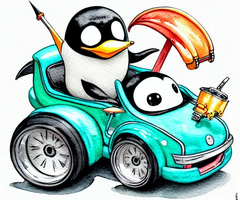 Image similar to cute and funny, penguin riding in a tiny gokart with an oversized engine, ratfink style by ed roth, centered award winning watercolor pen illustration, isometric illustration by chihiro iwasaki, edited by range murata, tiny details by artgerm and watercolor girl, symmetrically isometrically centered, sharply focused