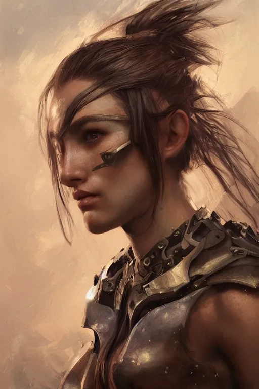 Image similar to a photorealistic painting of an attractive young girl, partially clothed in battle armor, olive skin, long dark hair, beautiful bone structure, symmetrical facial features, intricate, elegant, digital painting, concept art, illustration, sharp focus, minimal artifacts, from Metal Gear, in the style of Ruan Jia and Mandy Jurgens and Greg Rutkowski, trending on Artstation, award winning