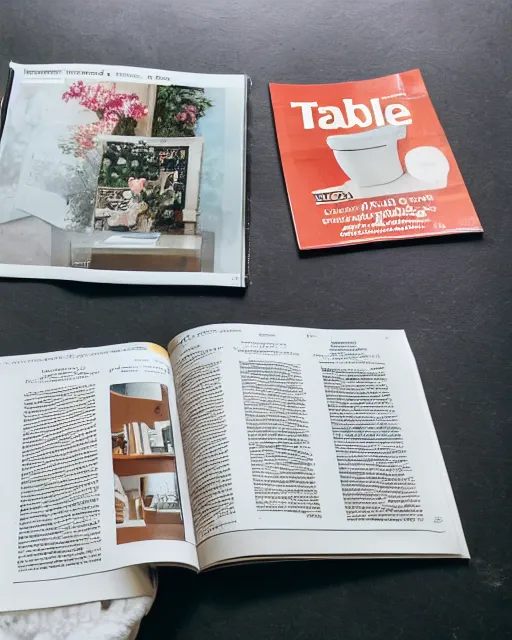 Image similar to a full view of table and magazine with picture of toilet, magazine, zoomed out, zoomed out, zoomed out