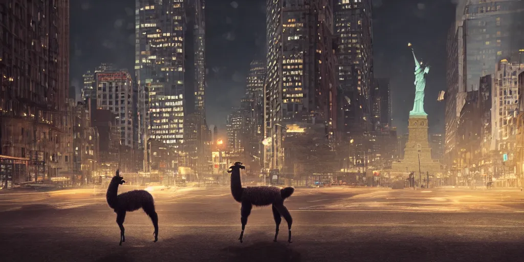 Image similar to a llama walking through a desolate manhattan city street at night, statue of liberty seen in the background, realistic 4 k octane beautifully detailed render, 4 k post - processing, highly detailed, detailed face, intricate complexity, epic composition, magical atmosphere, cinematic lighting, masterpiece, ultra hd