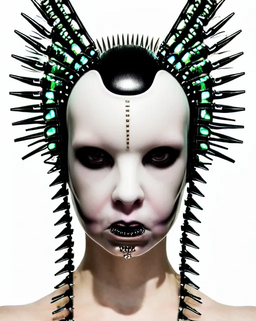 Prompt: symmetrical portrait of a biomechanical cyborg wearing a silicone steel spikes studded iridescent beauty mask and neon hair buns, wearing a black bodysuit by alexander mcqueen, cream white background, soft diffused light, biotechnology, humanoid robot, bjork aesthetic, translucent, by rineke dijkstra, intricate details, highly detailed, masterpiece,