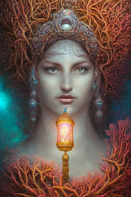 Image similar to a stunning ultra detailed underwater fantasy illustration of a goddess holding a glowing lamp, overgrown with colorful coral, by tomasz alen kopera, water bubbles, very detailed, deep depth of field, 5 0 mm lens, soft lighting, artstation, highly coherent, 8 k