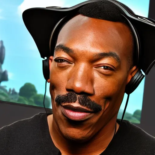 Image similar to my 600 lb Eddie Murphy wearing a headset yelling at his monitor while playing WoW highly detailed wide angle lens 10:9 aspect ration award winning photography by David Lynch esoteric erasure head