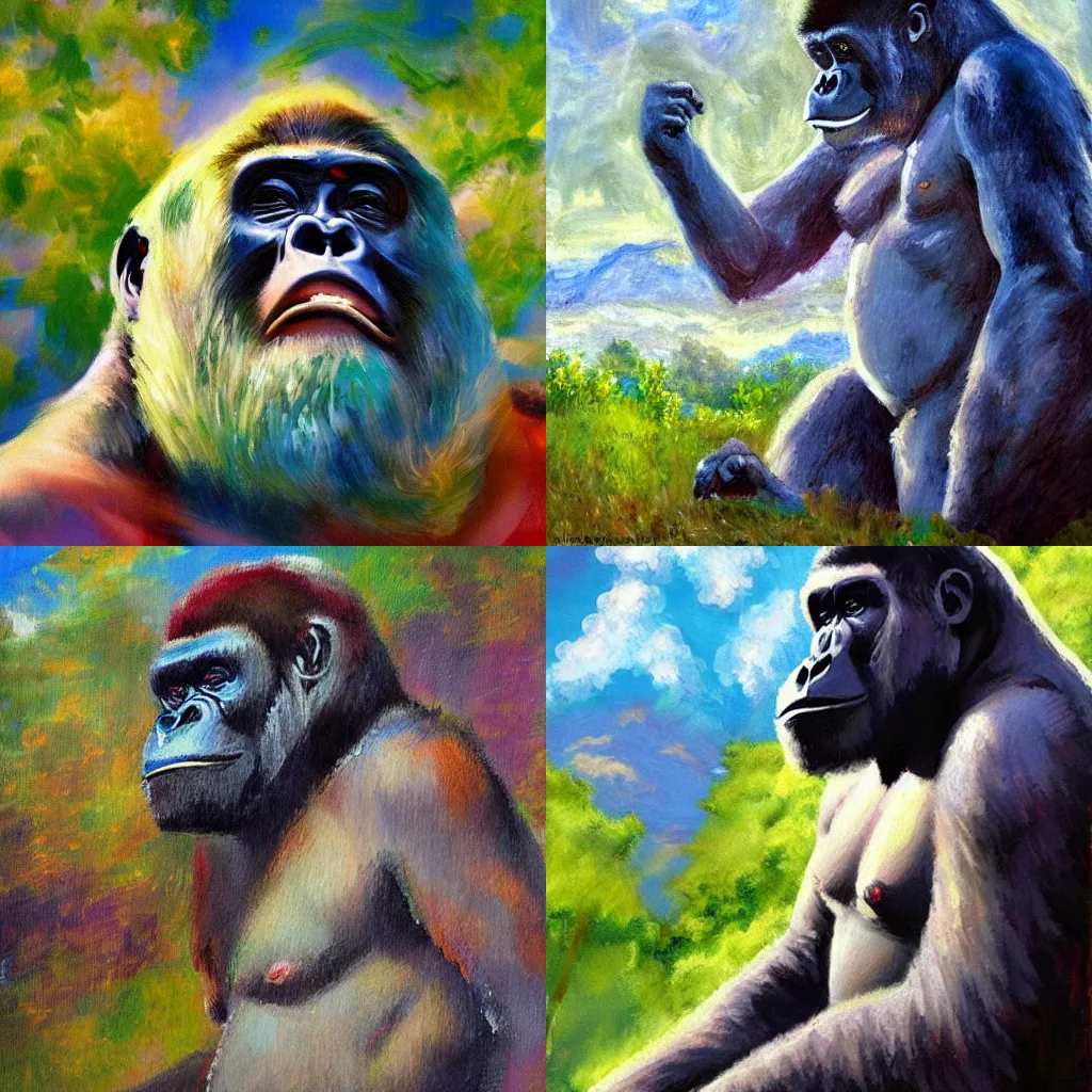 Prompt: an impressionist painting of harambe in heaven, trending on artstation