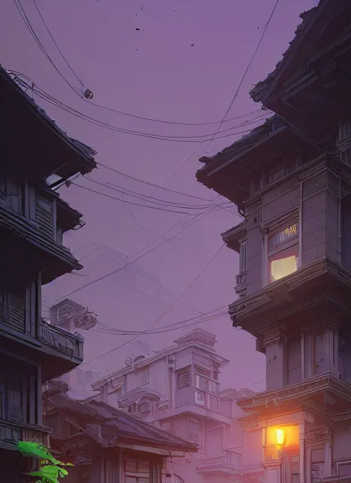 Prompt: highly detailed building villa style in urban area architectural concept in foucs mod by atey ghailan, james gilleard, by joe fenton, by greg rutkowski, by greg tocchini, by kaethe butcher, 4 k resolution, gradient purple, brown black and white color scheme!!! ( ( green flaming robotic sewer background ) )