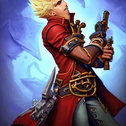 Image similar to Hearthstone official professional art. A vash blond male pirate using red long red rob and two guns inspired on triggun vash . Insanely coherent physical body parts (face, arms, legs, hair, eyes). Full body realistic, sharp focus, 8k high definition, insanely detailed, intricate, elegant, smooth, sharp focus, illustration, ArtStation