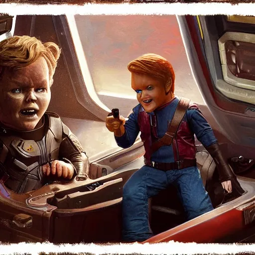 Image similar to the actor chris pratt as star lord sitting beside the doll chucky from child's play, inside a starship, oil painting, by greg rutkowski