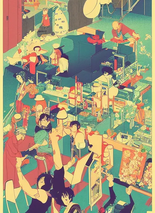 Image similar to an incredibly well designed dj party poster, risograph by kawase hasui, yoshiyuki sadamoto, tadayoshi yamamuro, jean giraud, studio ghibli, moebius and edward hopper, colorful flat surreal design, colorful flat surreal design, super detailed, a lot of tiny details, fullshot, isometric angles, xray hd, 8 k, artstation