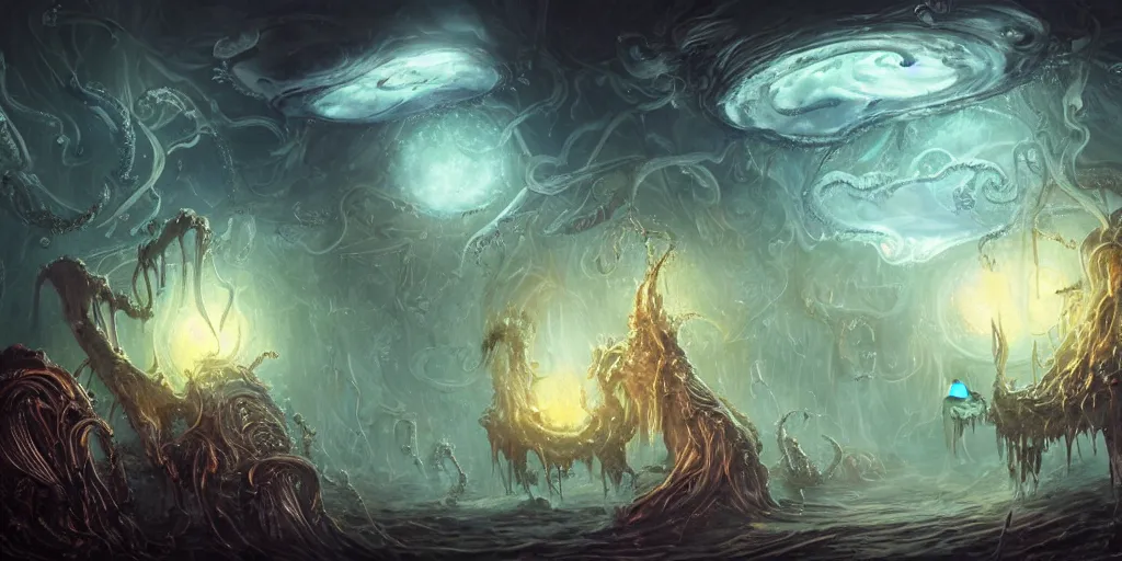 Image similar to concept art of giant translucent jellyfishes, lovecraftian, lots of teeth, melting horror, round moon, rich clouds, fighting the horrors of the unknown, high resolution, very detailed, roaring, volumetric light, mist, grim, fine art, decaying, textured oil over canvas, epic fantasy art, very colorful, ornate, anato finnstark