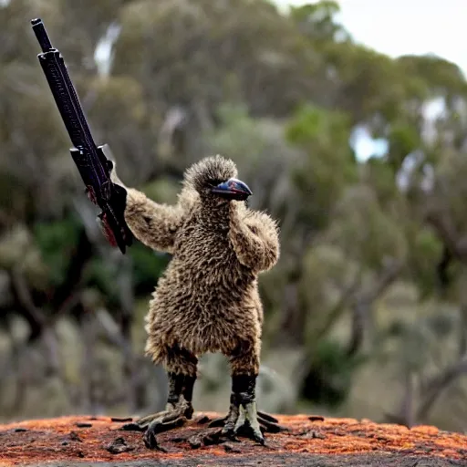 Prompt: emu soldier carrying firearms victorious at the fall of australia