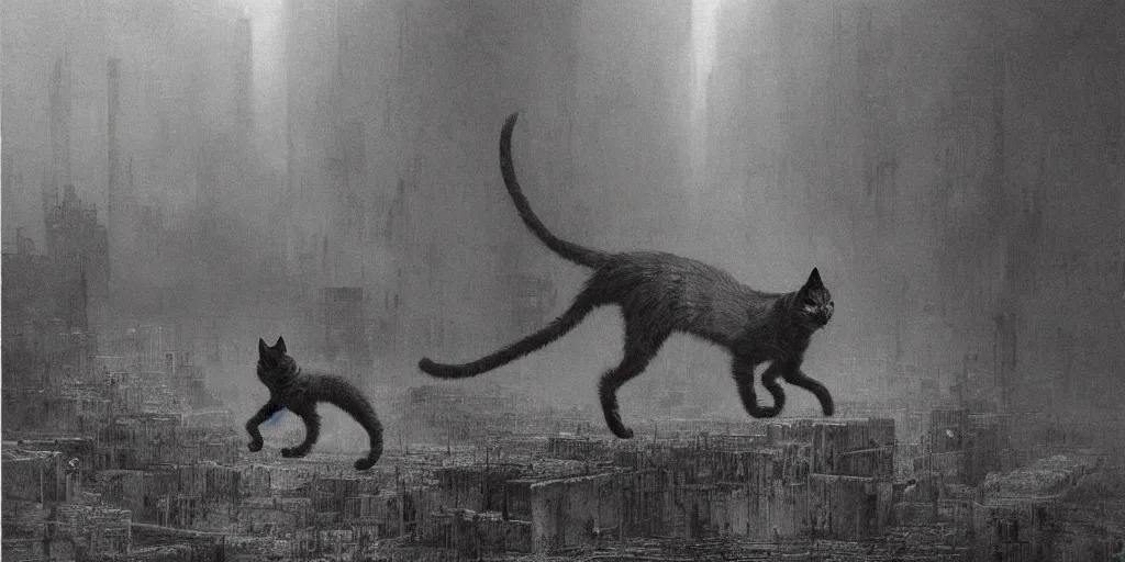 Image similar to cyberpunk demon kitten walking in a dystopian wasteland, Beksinski, MC Escher