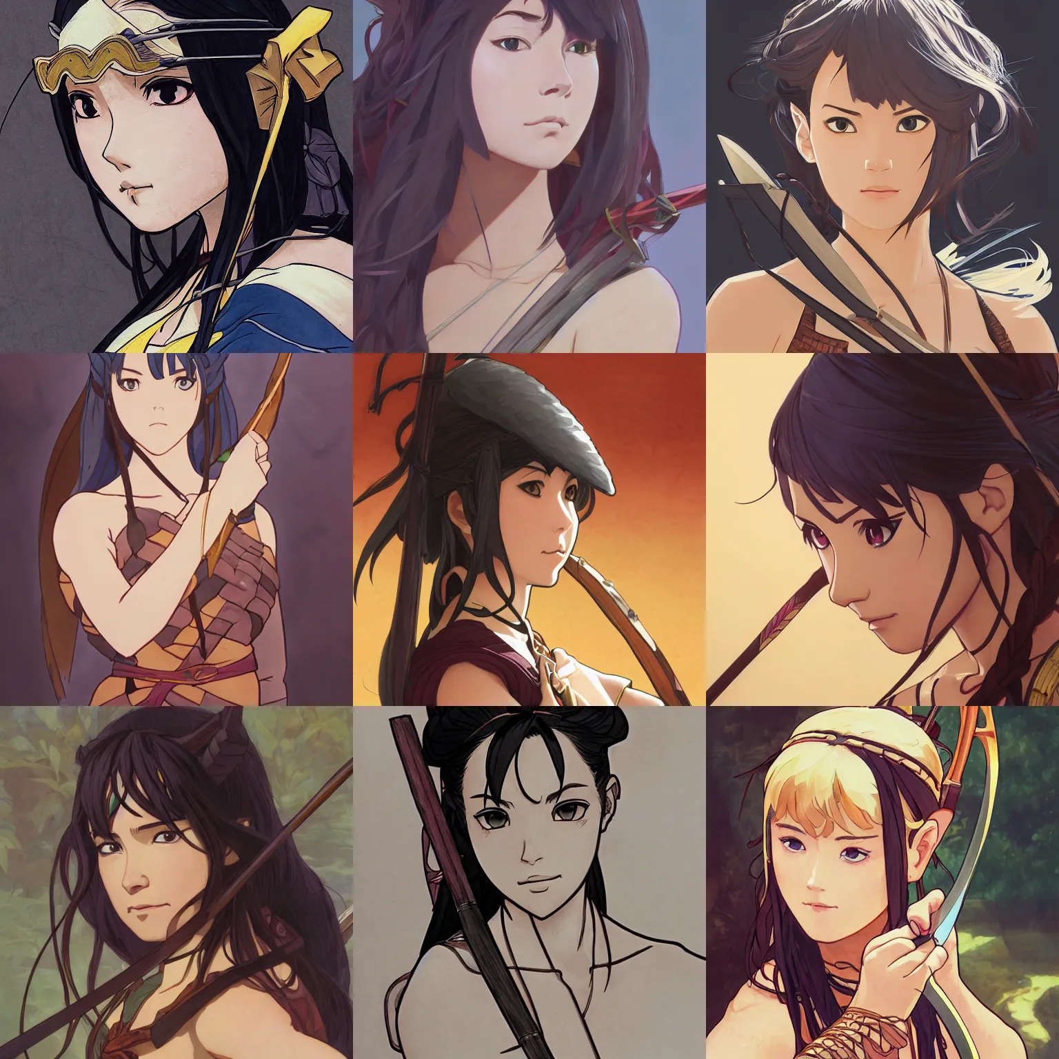 Prompt: Character portrait of an Amazon warrior drawing her bow, fantasy, beautiful face, highly detailed, cel shading, digital painting, anime key visual, Disney and Kyoto Animation, by Makoto Shinkai and Hayao Miyazaki, by Ilya Kuvshinov and Alphonse Mucha and Krenz Cushart