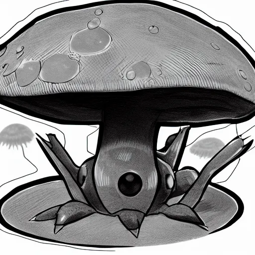 Prompt: grayscale void mushroom creature, pokemon, hayao miyazaki, digital illustration