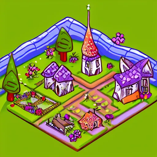 Prompt: isometric illustration of a fairy village