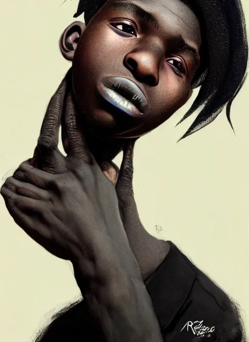 Image similar to portrait of a nigerian teen boy with a crooked nose and a confident expression, 1 9 6 0 s, black clothes, goth, punk, brightly coloured hair, funk, intricate, elegant, highly detailed, digital painting, artstation, concept art, smooth, sharp focus, illustration, art by wlop, mars ravelo and greg rutkowski