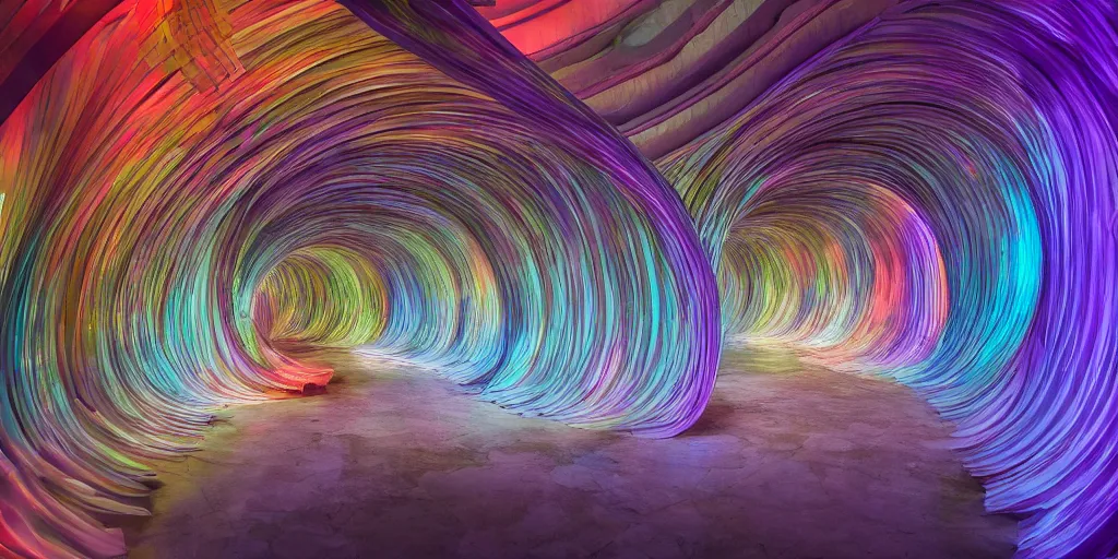 Image similar to extremely detailed awe stunning beautiful futuristic smooth curvilinear museum interior, translucent gills, hyper real, 8k, colorful, 3D cinematic volumetric light, atmospheric light