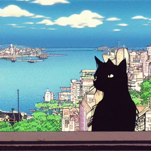 Prompt: a black cat girl looking out over a city, Miyazaki, studio ghibli