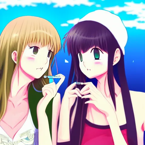 Prompt: two beautiful lesbian girls in love, smoking a weed cigarette with smoke, sitting in front of a lake, in the style of anime, close - up, highly detailed face, 4 k, pixiv, intricate, elegant, highly detailed, lush, stylized, japanese, smooth
